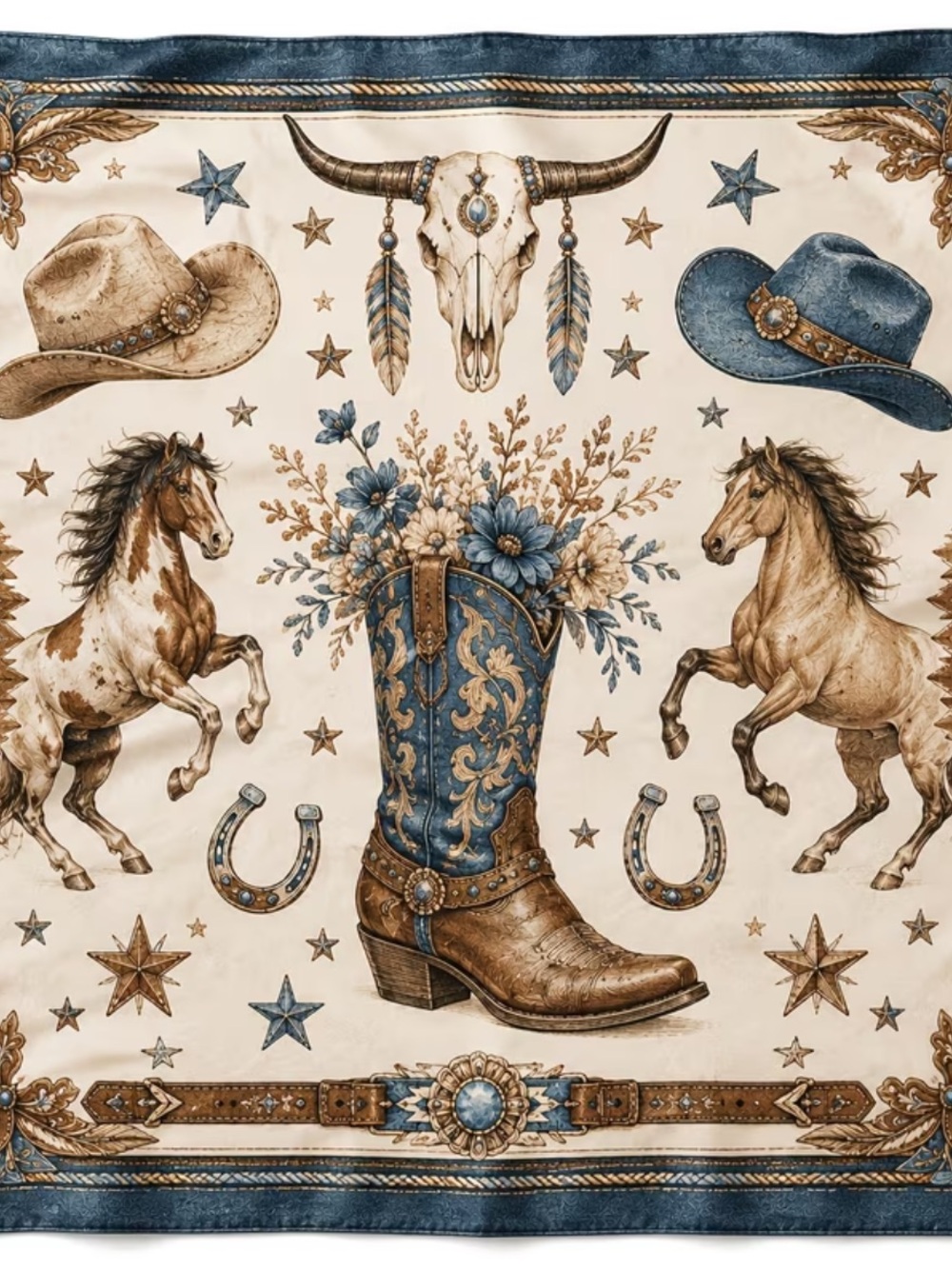 Western Boot Print Scarf & Wrap — Blue and Cream